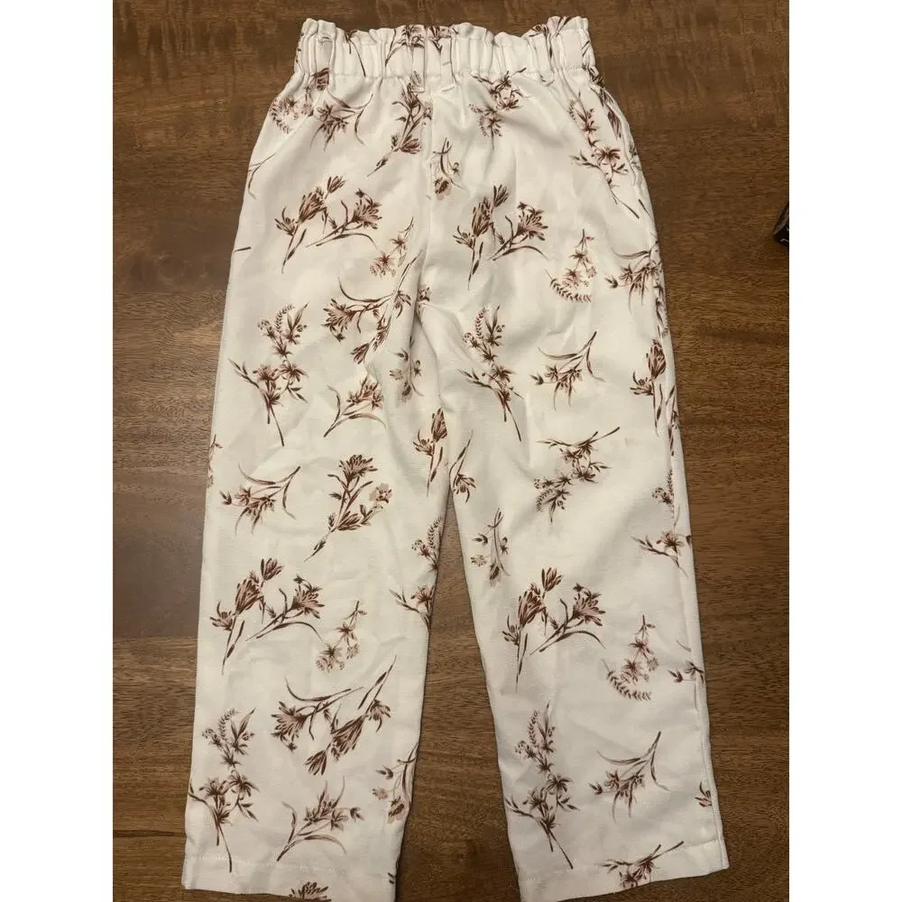 Girls 5T Wide Leg‎ Floral Pants Cream Brown Boho Stretch Waist Soft Lightweight
